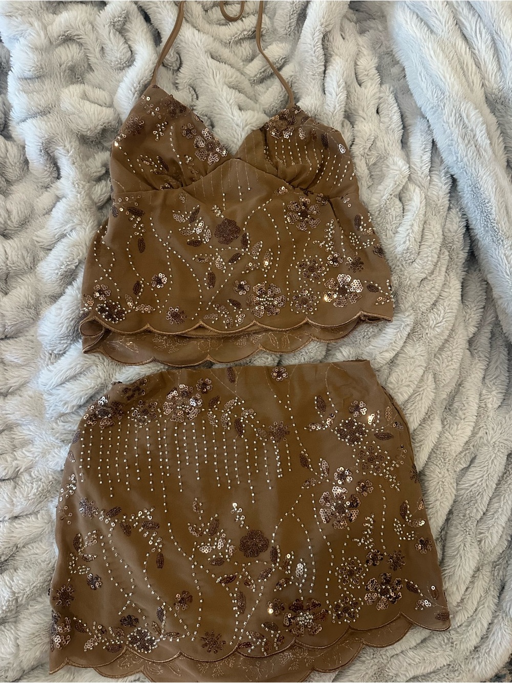 Brown Sequin Floral two piece set